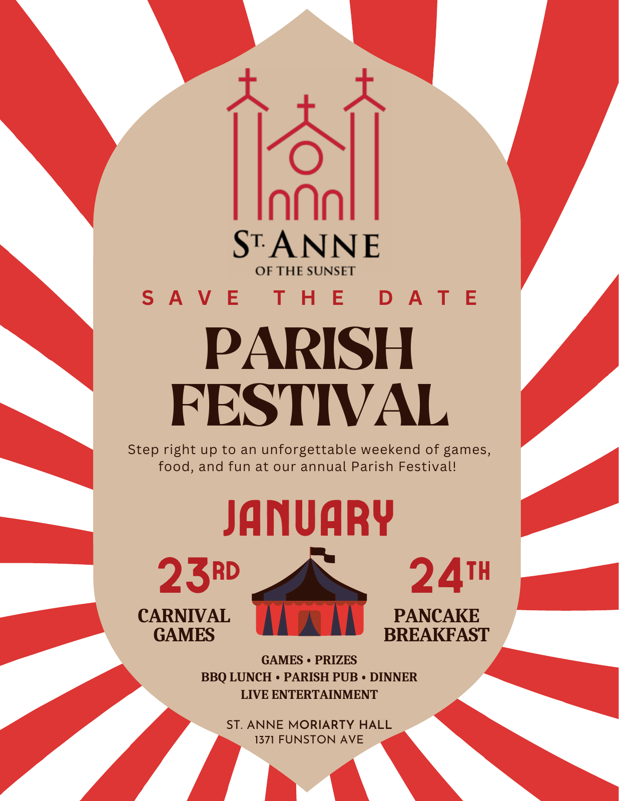 Official St. Anne Parish Festival flyer: January 23 carnival games, January 24 pancake breakfast, with games, prizes, BBQ lunch, Parish Pub and Sports Bar, dinner and live entertainment.